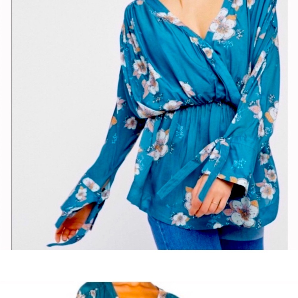NWT Free People Turquoise Tuscan Tunic Top Disco Flower Blouse Size M